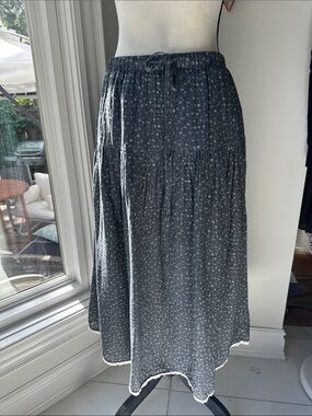 THINGS BETWEEN Cottagecore Slate Blue Floral Tiered Maxi Skirt Lace Trim Small